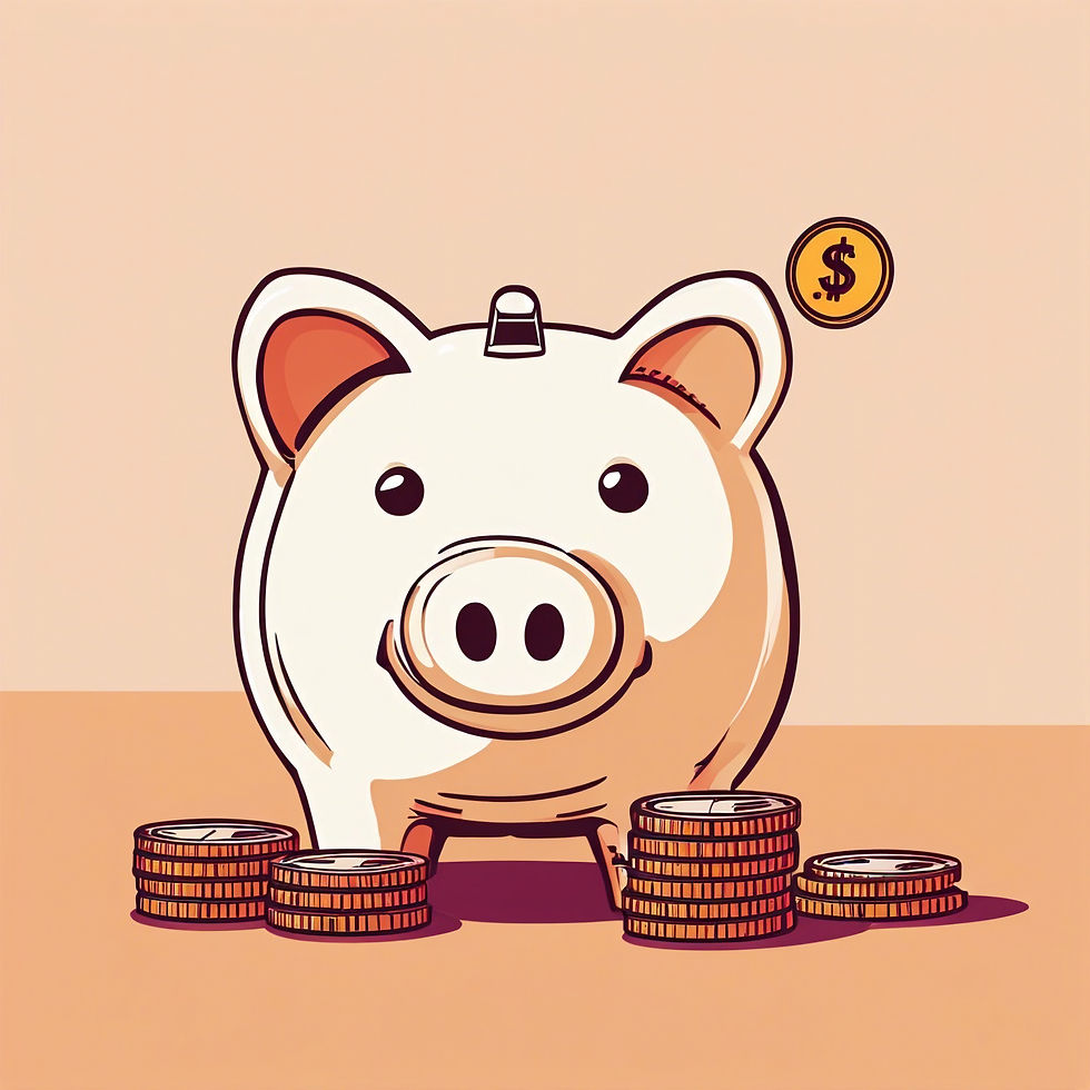 plastic pig safe with stacks of coins
