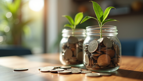 2 jars of coins with growing plants