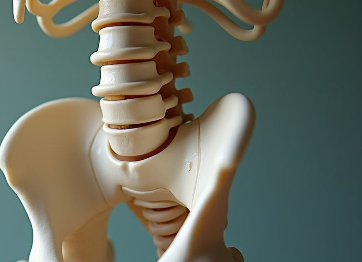 Close-up view of the sacroiliac joint area on a human skeleton model