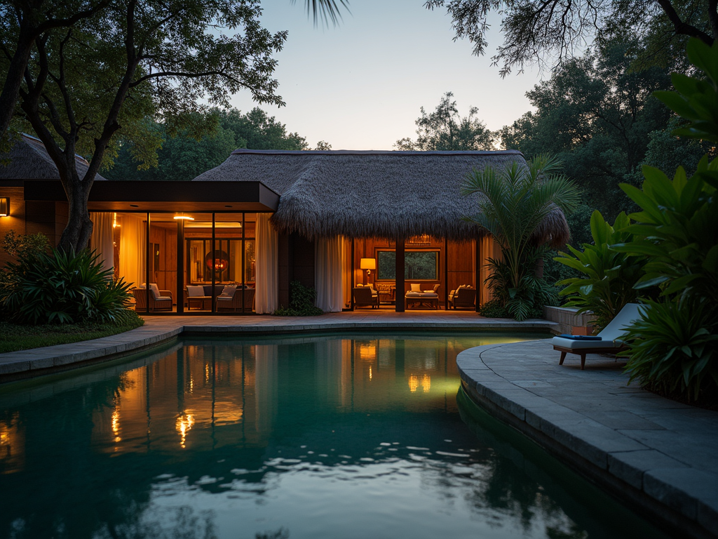 A serene luxury retreat property in the Mexican jungle under a soft dusk sky.