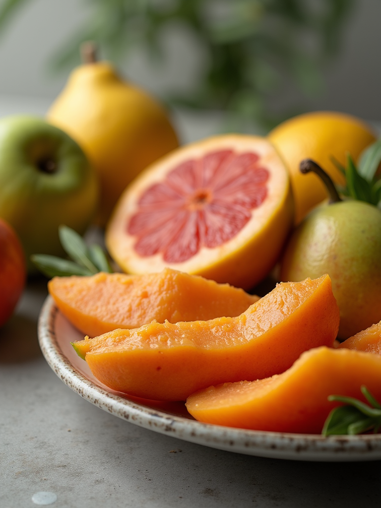 Close up of exotic fresh fruits on a ceramic plate