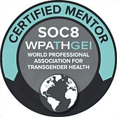 Round badge image with grey in center, green around it that reads SOC8 wpath gei certified mentor
