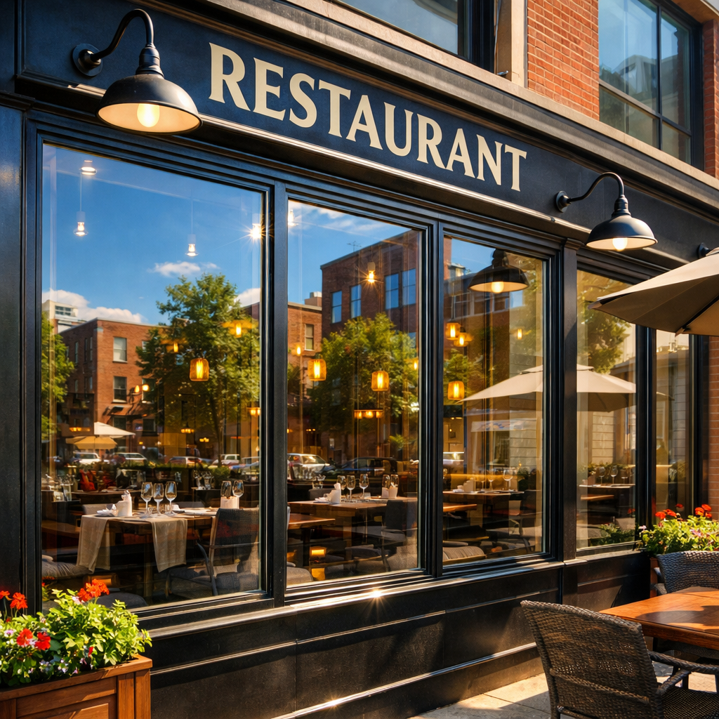 Restaurant storefront with 'RESTAURANT' sign, showing tables inside