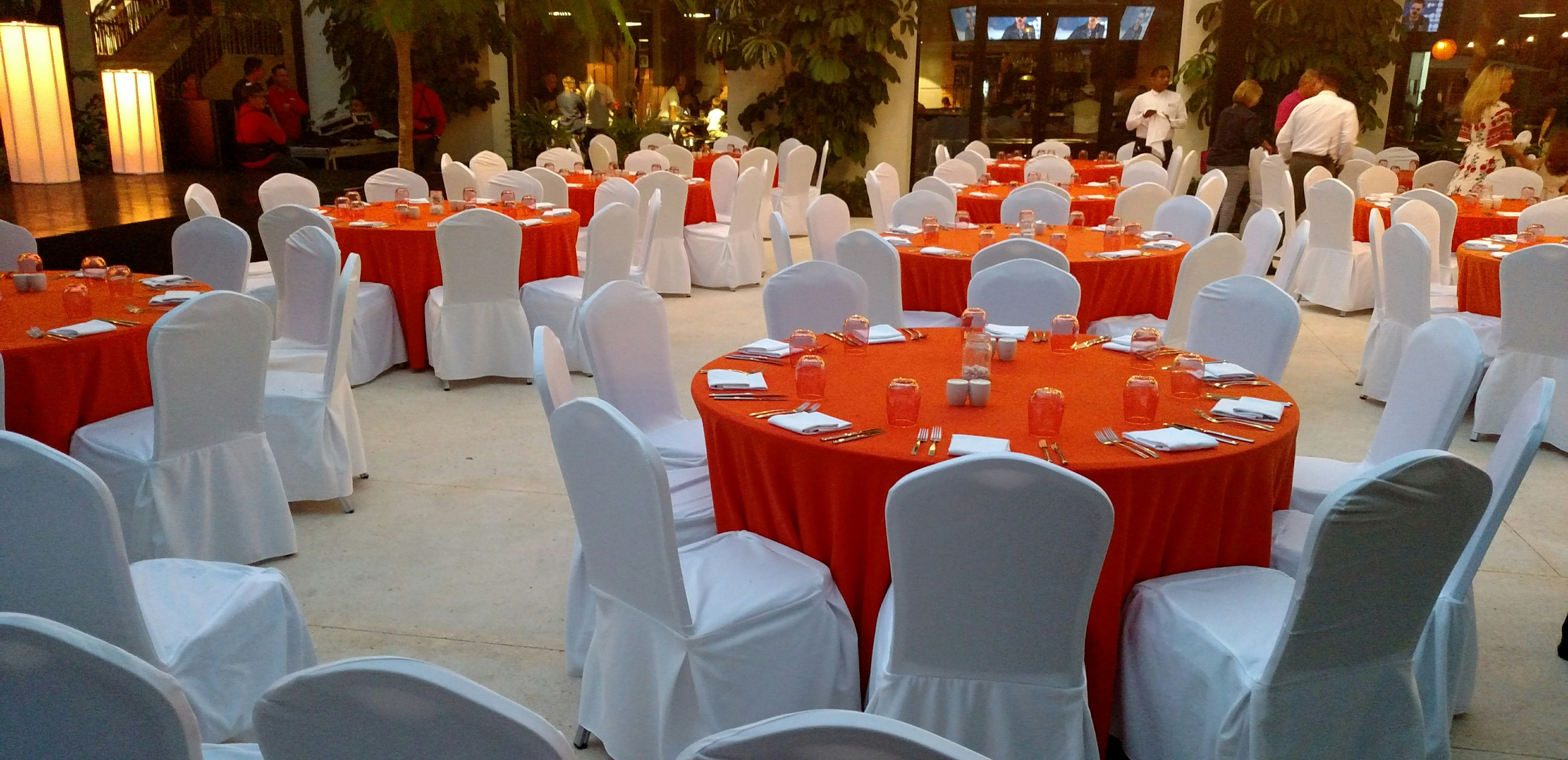 table and chairs set up for dinner event