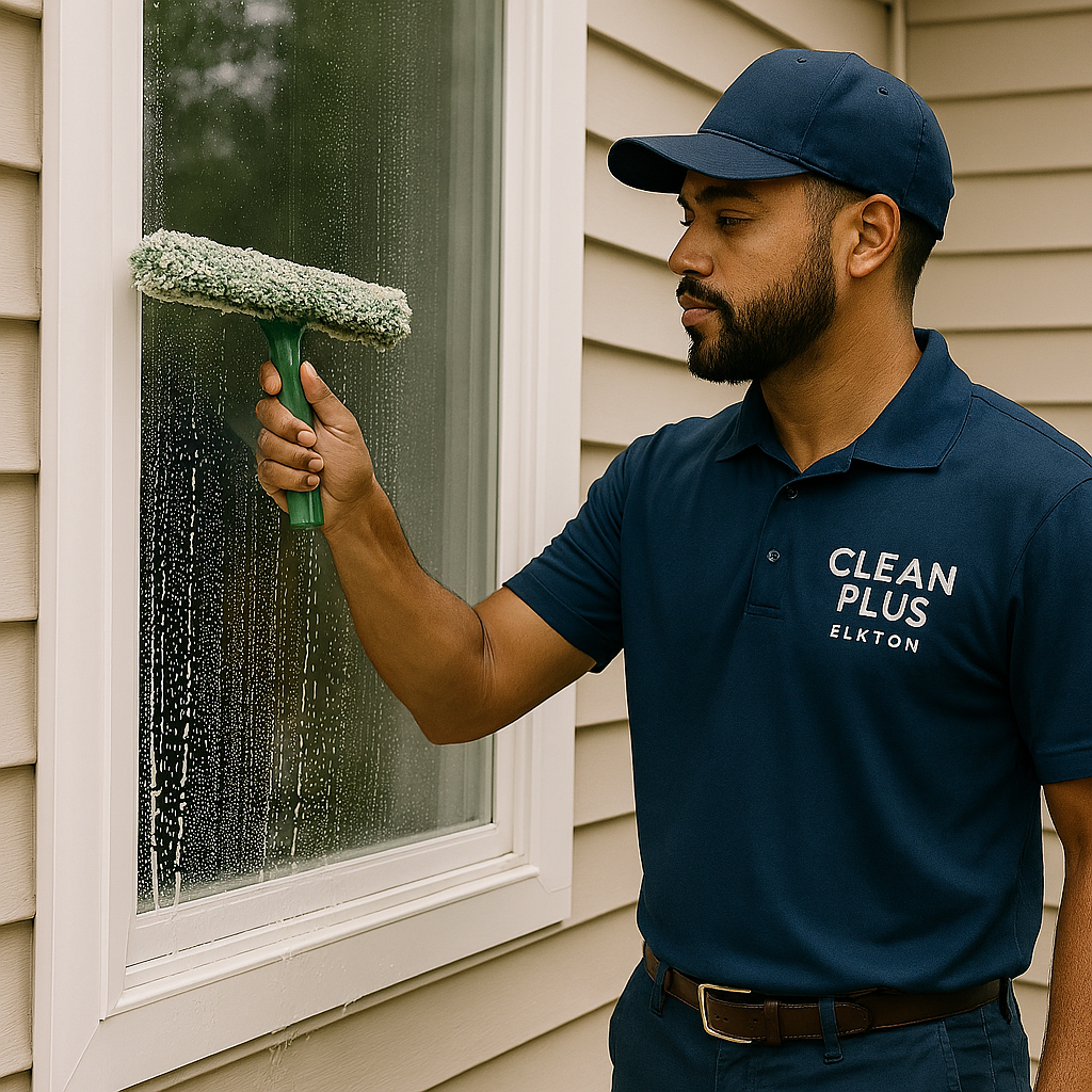 Employee from Clean Plus Elkton cleaning a residential window