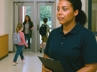 cleaning employee holding clipboard at school