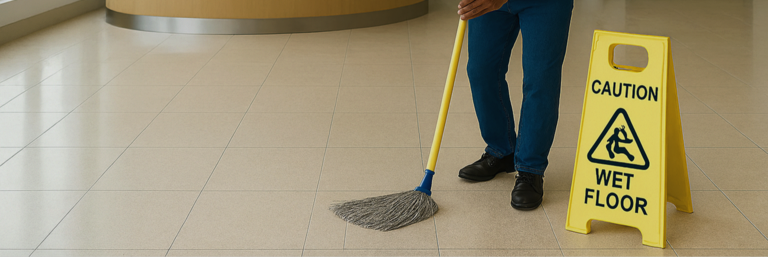 Janitor mopping commercial floor with 'CAUTION WET FLOOR' sign