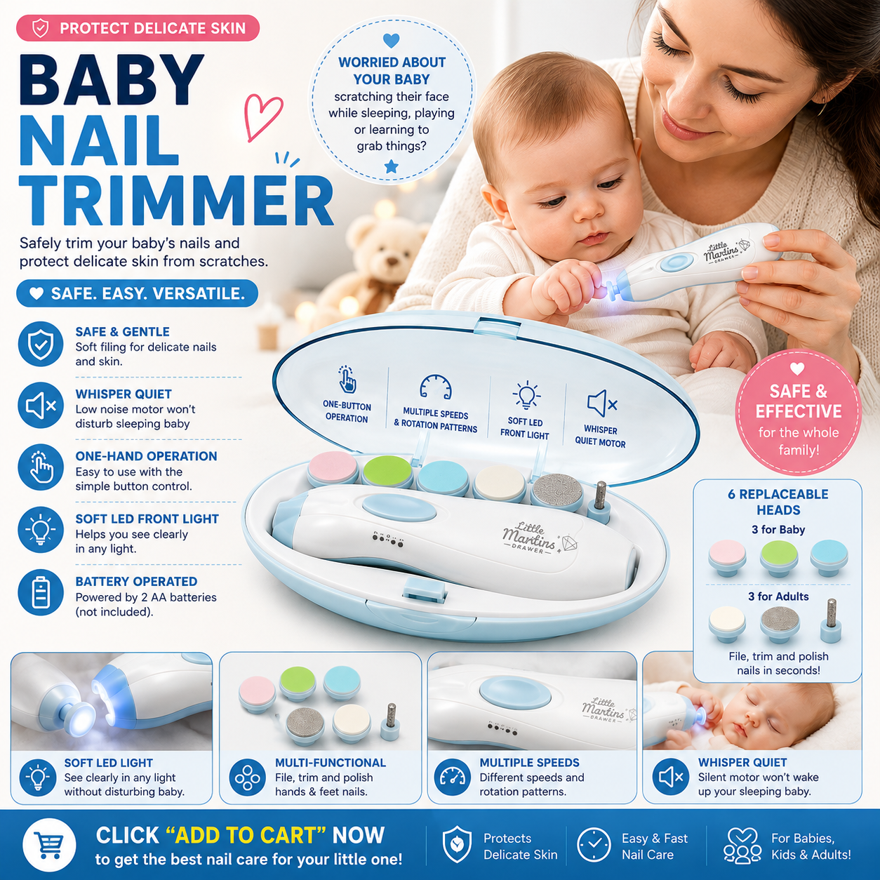 Little Martin’s Drawer Baby Nail Trimmer File with Light - Safe Electric Nail Cl