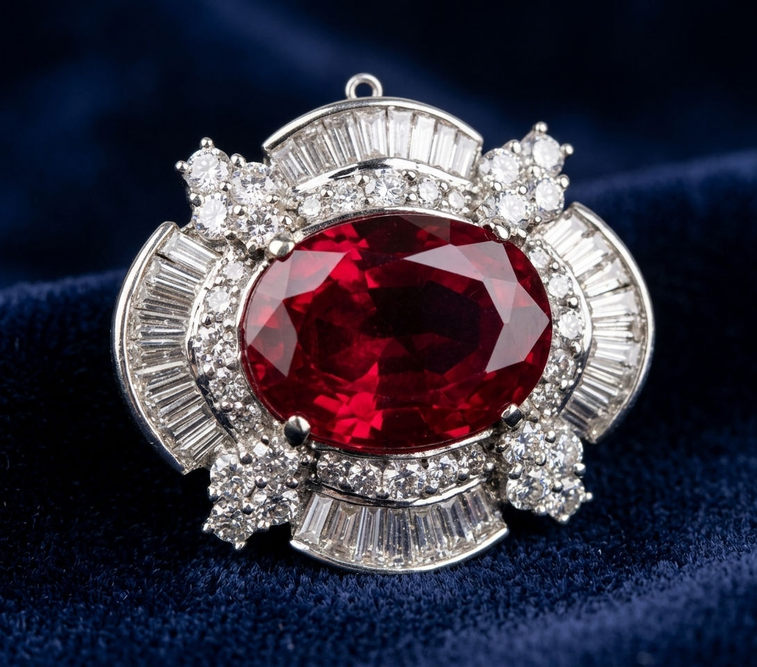 18ct White Gold Diamond & Synthetic Ruby Pendant