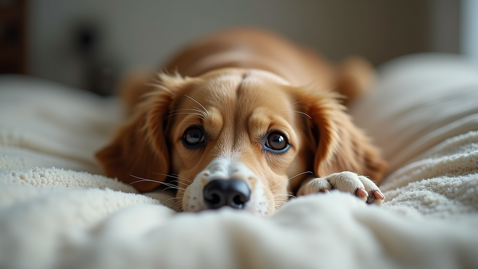 Eye-level view of a dog resting comfortably on a soft bed