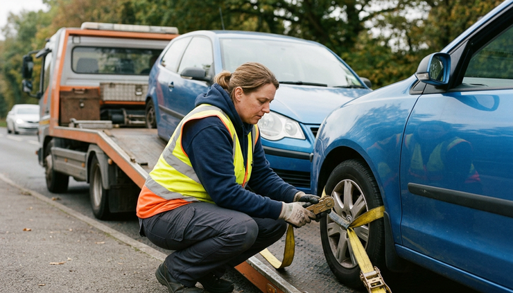 Eye-level view of a tow truck driver securing a vehicle to a flatbed
