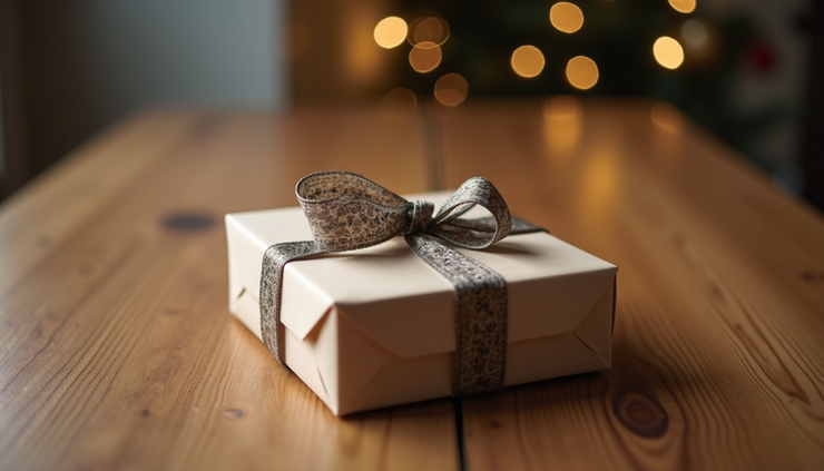 Eye-level view of a neatly wrapped gift box with a decorative ribbon on a wooden table