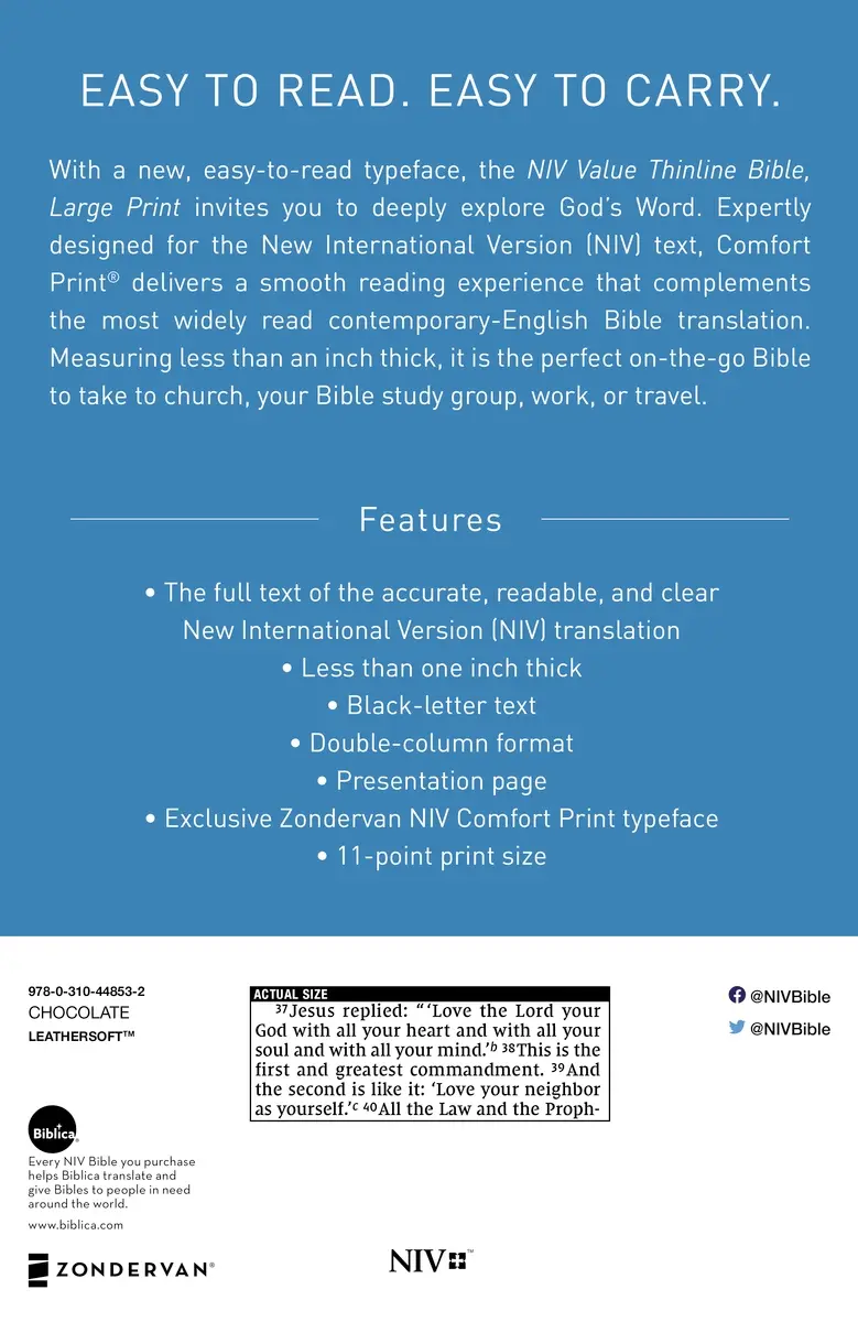 Thumbnail: Niv Value Thinline Bible, Large Print, Leathersoft, Brown