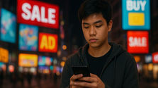Young Singaporean ignoring ads on phone — brand advertising fatigue in Singapore.
