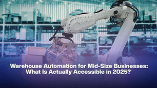 Robot arm handling boxes in a warehouse setting, shelves in the background. Text reads: Warehouse Automation for Mid-Size Businesses: What Is Actually Accessible in 2025?
