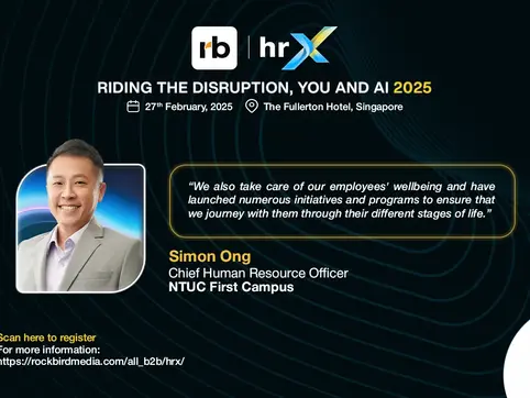 Event promo with Simon Ong's photo and quote on employee wellbeing, set against a dark background. Includes event details and registration link.