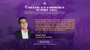 Purple background with a man in glasses, text promoting "Retail & E-commerce Summit Asia," and a quote on marketing collaboration.