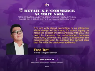 Purple background with a man in glasses, text promoting "Retail & E-commerce Summit Asia," and a quote on marketing collaboration.