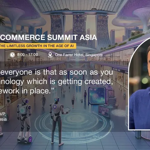 Retail summit ad with robots in a futuristic mall, a speaker's portrait, and event details: Sept 26, 2024, 8-17, Singapore.