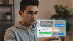 Man in a gray hoodie uses a smartphone, viewing a successful purchase notification from an AI bot on a transparent screen in a cozy room.