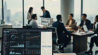 People in a modern office discuss by a window with a city view. A laptop in the foreground shows charts and graphs. Professional mood.