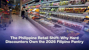 Shoppers browse fruit in a grocery aisle. Trolleys are visible. Text on image reads: The Philippine Retail Shift: Why Hard Discounters Own the 2026 Filipino Pantry.