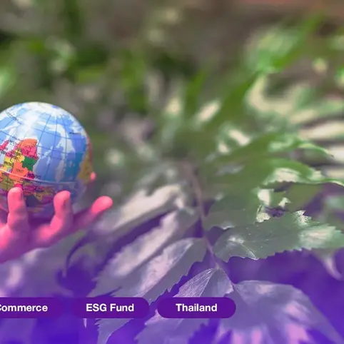 A hand holds a small globe in a lush green setting. Text overlays: Retail, E-Commerce, ESG Fund, Thailand. Vibrant and hopeful mood.