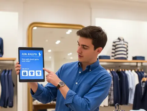 Man in blue shirt points at a tablet with fashion options in a clothing store. Background shows neatly arranged shirts. Mood is focused.