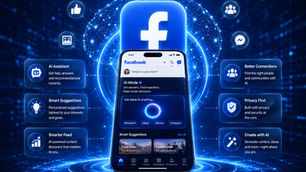 Facebook app on a smartphone with AI Mode, surrounded by glowing blue tech icons and feature callouts in a futuristic background