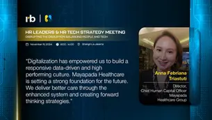 HR meeting announcement with photo of a smiling woman. Text highlights digitalization's impact on Mayapada Healthcare's future strategies.