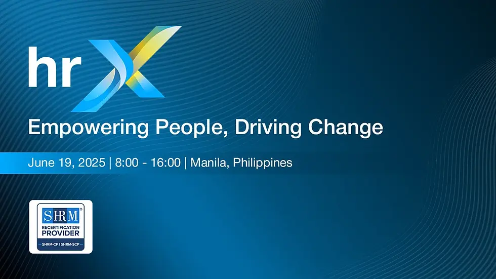 Blue background with hrX logo. Text: Empowering People, Driving Change, June 19, 2025, Manila, Philippines. SHRM Recertification Provider.