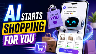 AI robot holding a shopping bag on a smartphone screen. Text reads "AI STARTS SHOPPING FOR YOU." Background has shopping icons and packages.