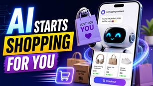AI robot holding a shopping bag on a smartphone screen. Text reads "AI STARTS SHOPPING FOR YOU." Background has shopping icons and packages.