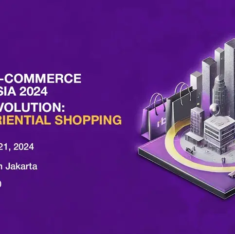 Retail & E-commerce Summit Asia 2024 flyer. Purple background, cityscape, shopping bags. Event: Nov 21, Ritz-Carlton Jakarta, 8-16:00.