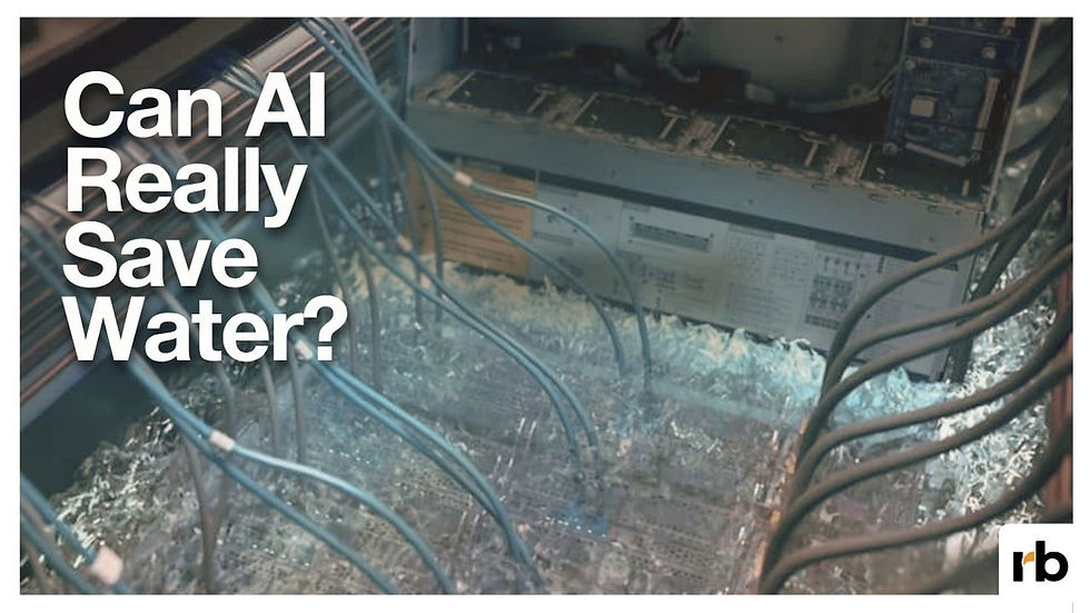 Flooded server cabinet with blue and black cables, overlaid text: Can AI Really Save Water?