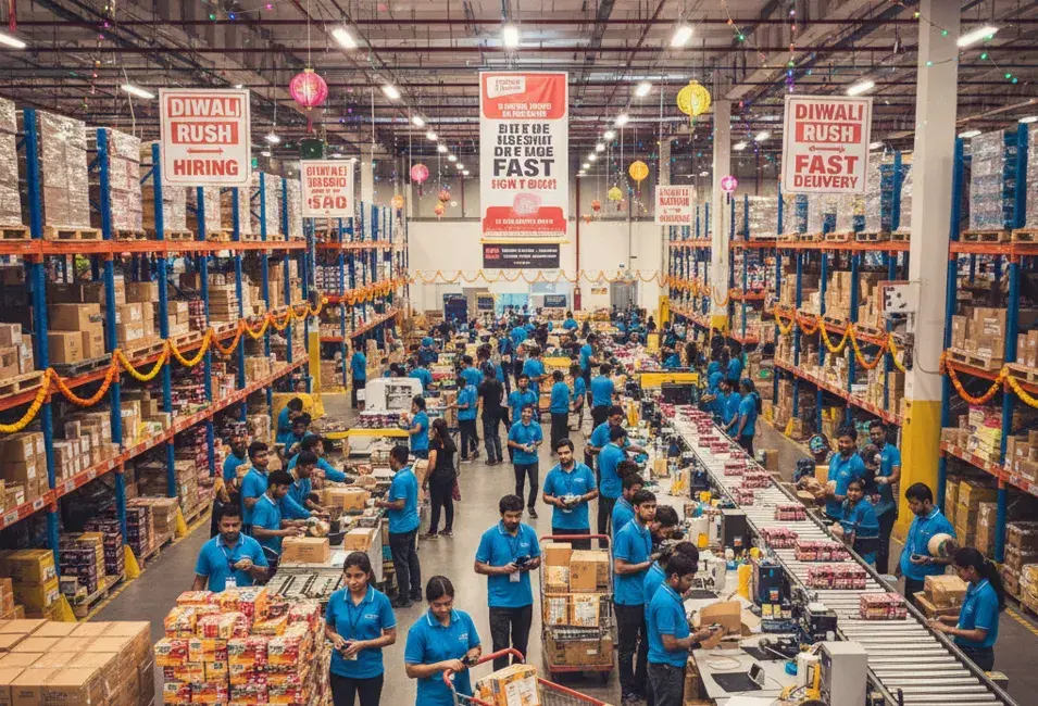 Warehouse bustling with workers in blue shirts managing packages. Diwali Rush signs and festive decor create a lively atmosphere.