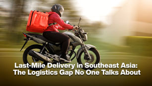 Motorbike rider in red jacket and large red backpack speeds through blurred greenery. Text reads "Last-Mile Delivery in Southeast Asia."