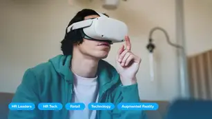 A person wearing AR goggles and "HR Leaders, HR Tech, Retail, Technology, and Augmented Reality" typed below