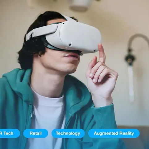 A person wearing AR goggles and "HR Leaders, HR Tech, Retail, Technology, and Augmented Reality" typed below