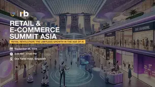 Futuristic mall with robots and people, glowing purple lights. Text: "Retail & E-Commerce Summit Asia" and event details, Singapore backdrop.