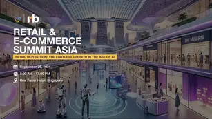 Futuristic mall with robots and people, glowing purple lights. Text: "Retail & E-Commerce Summit Asia" and event details, Singapore backdrop.