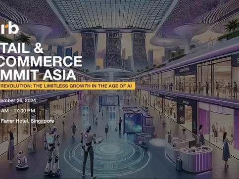 Futuristic mall with robots and people, glowing purple lights. Text: "Retail & E-Commerce Summit Asia" and event details, Singapore backdrop.
