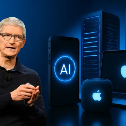 Man presenting near devices with glowing Apple logos and "AI" text. Blue-lit servers in the background create a tech-focused mood.