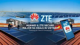 Huawei and ZTE logos with text about 5G deals in Vietnam. Workers install solar panels on rooftops under a clear sky. A phone shows "5G".
