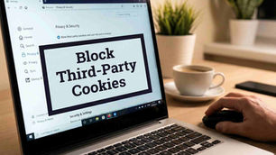 Laptop screen displaying "Block Third-Party Cookies" in a browser. Hand on mouse, coffee cup and plant on desk in cozy setting.