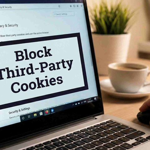 Laptop screen displaying "Block Third-Party Cookies" in a browser. Hand on mouse, coffee cup and plant on desk in cozy setting.