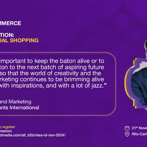 Purple event poster for Retail & E-commerce Summit Asia. Features a speaker's photo, quote, and event details for November 21, 2024, Jakarta.