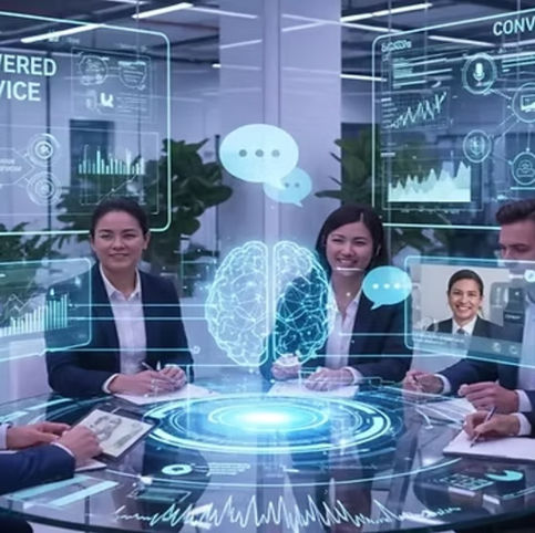 People in suits are seated around a glass table with holographic AI graphics. The setting is a modern office with green plants in the background.