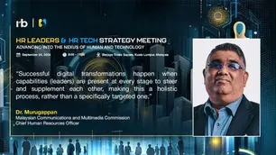 HR Leaders & Tech Strategy Meeting announcement with details. Features a quote by Dr. Murugappan against a cityscape tech-themed background.