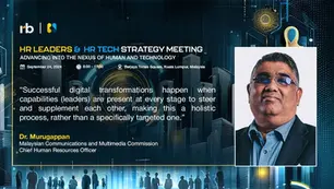 HR Leaders & Tech Strategy Meeting announcement with details. Features a quote by Dr. Murugappan against a cityscape tech-themed background.
